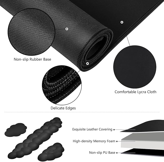 JIKIOU Large Cloud Mouse Pad Waterproof with Cloud Keyboard Wrist Pad and Cloud Mouse Wrist Pad Set, Ergonomic Computer Desk Wrist Support Mousepad for Keyboard and Mouse 31.5x11.8in (Black)