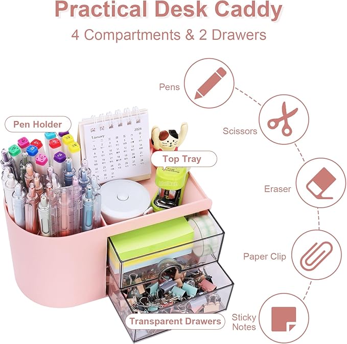Desk Organizer with Drawer, Pen Organizer for Desk, Small Pencil Holder, Desk Organizers and Accessories for Office Home Storage (2 Drawers+4 Compartments, Pink)