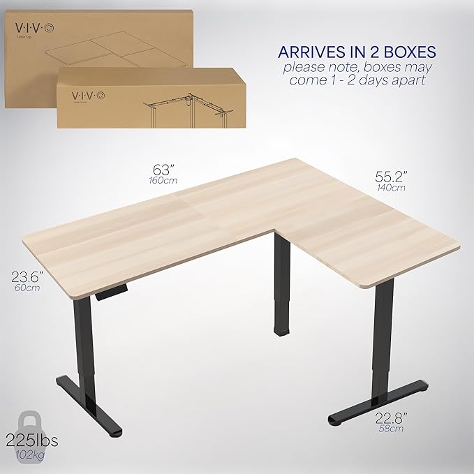 VIVO Corner Standing Desk, 63 x 55 inch Reversible L-Shaped Workstation, Electric Height Adjustment, Home, Office, and Reception Rooms, Light Wood Table Top Black Frame, DESK-E3CTBC
