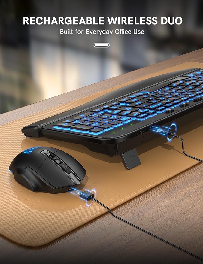 SABLUTE Ergonomic Wireless Keyboard and Mouse Combo - Wave Keyboard with Soft Leather Wrist Rest, Resistant Keys, RGB Backlit Rechargeable Set for PC/Mac/Chromebook (Black)
