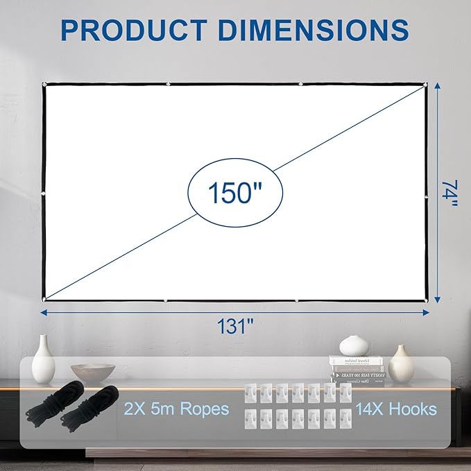 LIHONG 4K Projector Screen, 16:9 HD Foldable Portable Double Sided Anti-Crease Projection Screens for Indoor Outdoor Use, Home Theater, Party, Office, Classroom (150" 16:9)