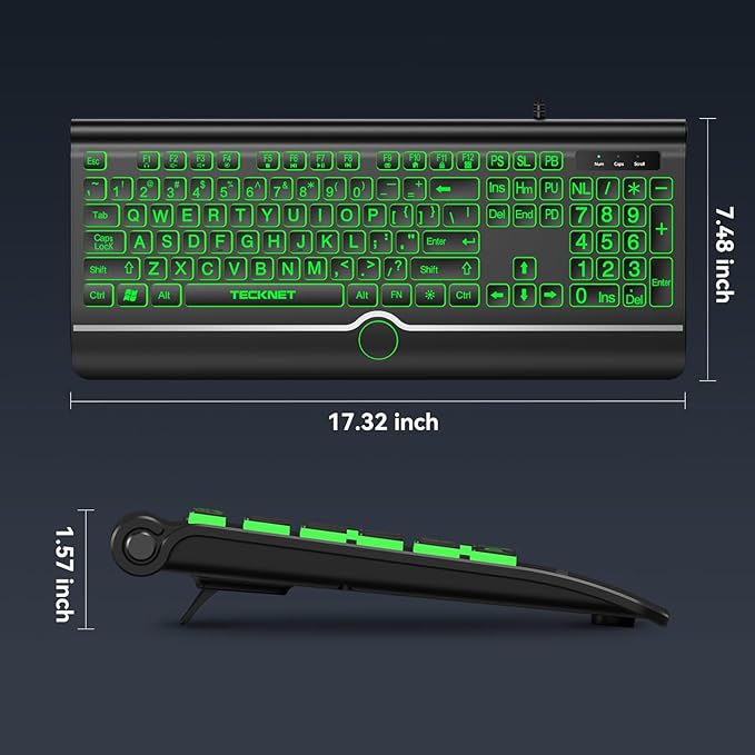TECKNET Large Print Backlit Keyboard, Wired USB-A Computer Keyboard with Wrist Rest, 7-Color Backlit, Oversized Letter Keys Easy to See, Plug-and-Play, Silent, Light Up Keyboard for Windows/PC/Laptop