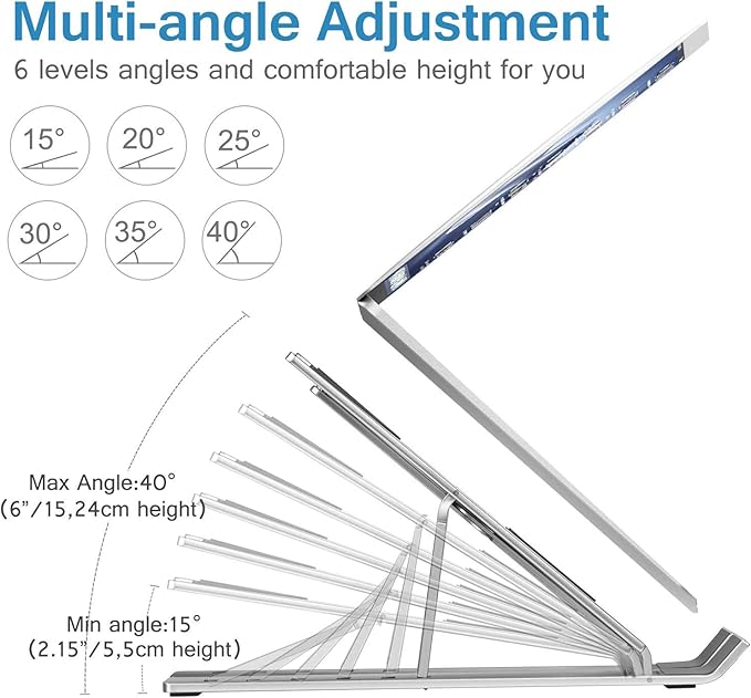 T Legend Aluminum Laptop Stand for Desk, Arae Adjustable Ergonomic Portable Holder, Foldable Computer Stand 6 Angles Anti-Slip Laptop Riser Compatible with 9-15.6 inch Laptops (Aluminum Silver)