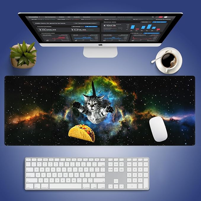 XXL Gaming Mouse Pad with Stitched Edges for PC Home & Office - Curious Cat Flying Through Galaxy Space Reaching for a Taco Cute Kitten Funny Design, Smooth Fabric Surface Large Desk Mat