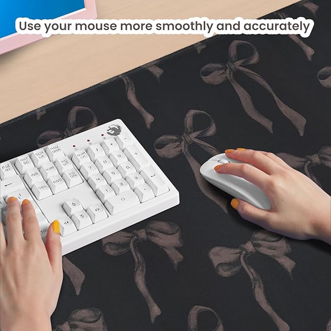 Cute Black Desk Mat with Bows, Black Bow Mouse Pad Keyboard Mat for Computer Laptop Non-Slip Rubber Base, Large Girly Computer Pad Desktop Décor Bow Office Accessories for Teen Girl Women 31.5 x 11.8