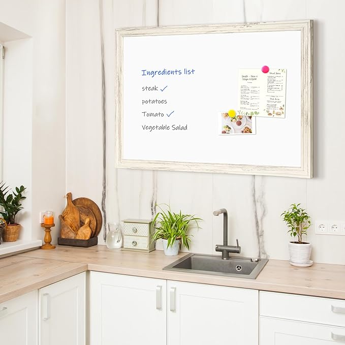 4 THOUGHT Dry Erase Board, 24 x 18 in Magnetic Whiteboard White Vintage Wood Frame Decorative White Board Wall-Mounted Notice Board for School, Office, Home, 8 Magnets 4 Markers 1 Eraser