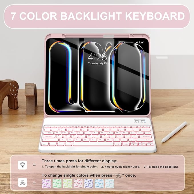 Soke Keyboard Case for iPad Pro 13 Inch (M5 2025/M4 2024), 7-Color Backlit Detachable Bluetooth Keyboard, Folio Stand TPU Back Cover with Pencil Holder for iPad Pro 13", Pink Marble