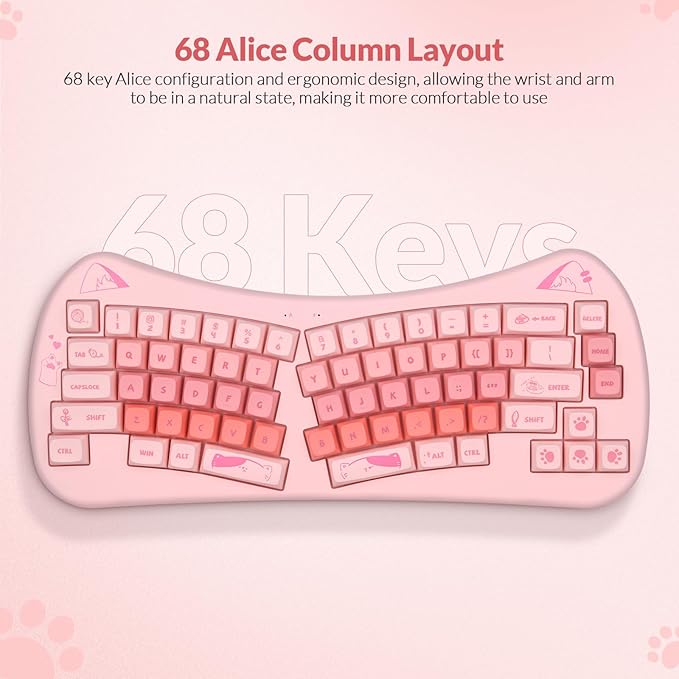 Cute Cat Keyboard and Mouse Wireless, Cat Theme, Silent Keys, Pinkish Colors, Ergnomic Split Keyboard and Optical Mouse with 2.4G USB Receiver, for Windows/Mac/PC/Laptop