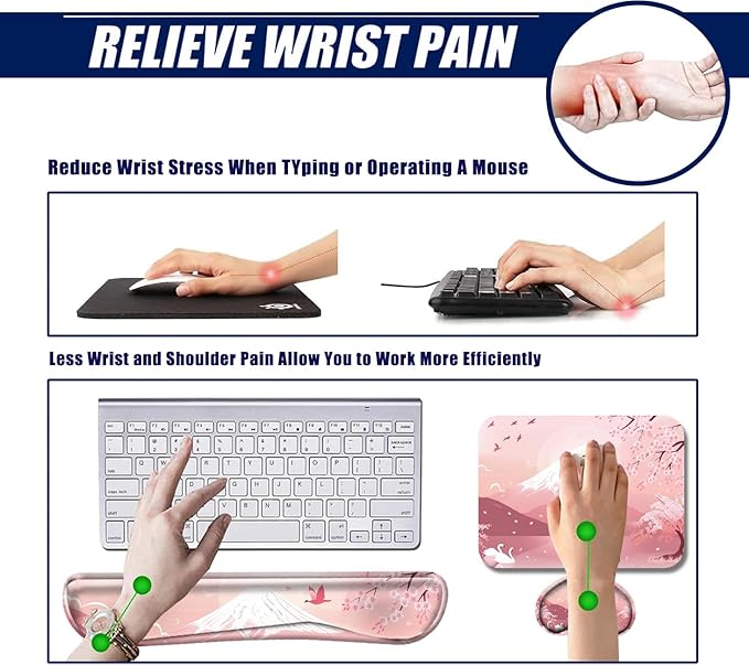 Cherry Blossom Keyboard and Mouse Pad Set Japanese Mousepad with Wrist Support Ergonomic Keyboard Wrist Rest Carpal Tunnel Typing Pain Relief Non-Slip Base Wrist Pad for Mouse