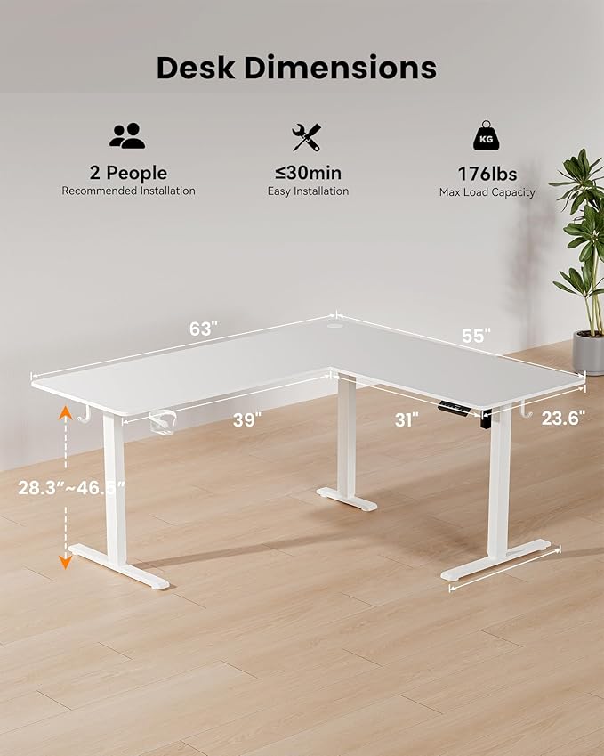 63 Inches Reversible L Shaped Standing Desk for Home Office, Electric Height Adjustable Corner Computer Desk, Sit Stand up Table with Cup Holder, Ergonomic Gaming Desk, White