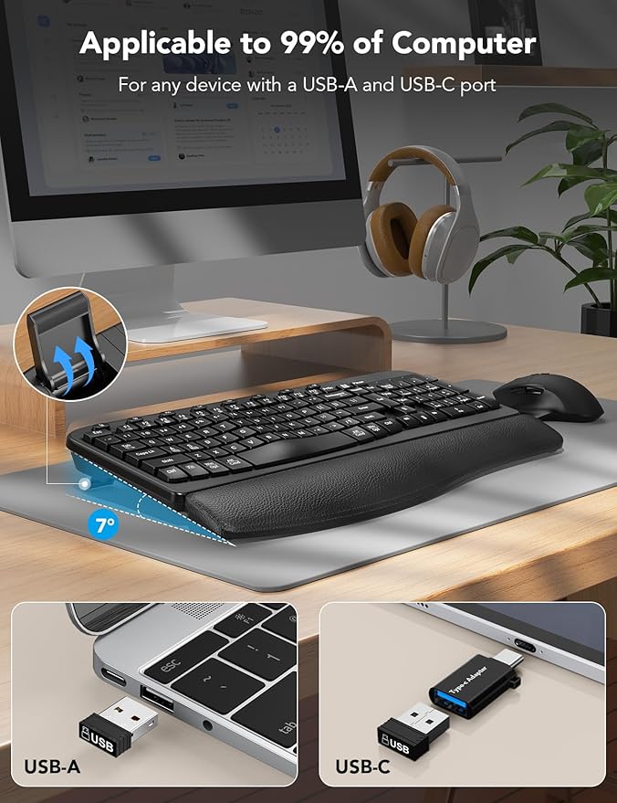 Wireless Keyboard and Mouse Combo – Ergonomic Wave Key, Built-in Leather Soft Palm Rest, 2.4G Full Size, 6-Button Mouse with 4-Level DPI, Dual USB-A/USB-C, MA12 for Windows & macOS Compatible- SABLUTE