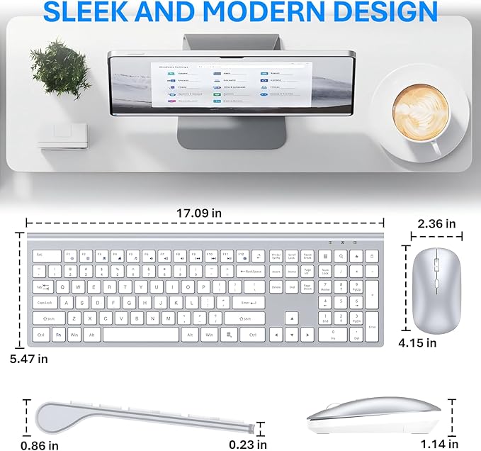 Wireless Keyboard and Mouse Combo, Full Size Keyboard and Mouse, Long Battery Life, Optical Mouse, 2.4G Lag-Free Cordless Mice Keyboard Set Ultra Slim Design for Computer, Laptop, PC, Windows (Silver)