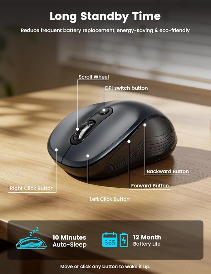 WisFox 2.4G Wireless Mouse for Laptop, Ergonomic Computer Mouse with USB Receiver and Type-C Adapter, 3 Adjustable Levels, 6 Button Cordless Mice for Windows Mac PC Notebook (Grey and Black)