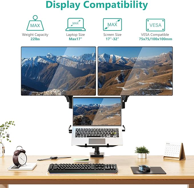 WALI Triple Arm Laptop and Dual Monitor Desk Mount for 17" Notebook and Up to 32" Screens, Adjustable Gas Spring Monitor Arms with Tilt Swivel Rotation, VESA 75x75 100x100, Black (GSDM003LP)