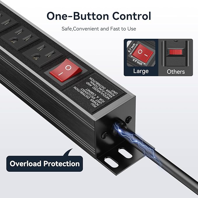 Heavy Duty Power Strip,8 Outlet Metal Power Strip Wall Mount, 1.6 inch Wide Spaced Industrial Surge Protector, Garage Power Strip for Shop Workshop Power Strip with Switch & 6 FT Extension Cord, 300J