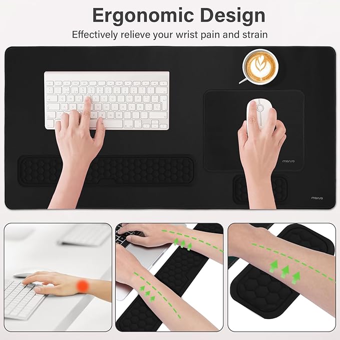MOSISO Large Gaming Mouse Pad&Massage Keyboard Wrist Rest&Mousepad&Wrist Rest&Coaster,Ergonomic Non-Slip Base Pad Set&Pain Relief Easy Typing Cushion with Memory Foam for Home Office, Black