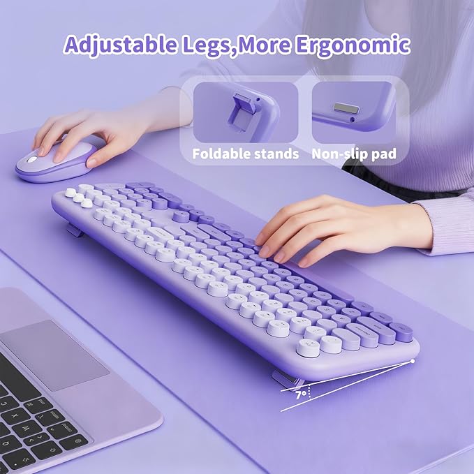 Wireless Keyboard and Mouse Combo, 2.4GHZ Typewriter Retro Full Size Keyboards, Cute Colorful Computer Keyboard and Wireless Mouse for Laptop/Desktop/Windows/PC (Purple Gradient)