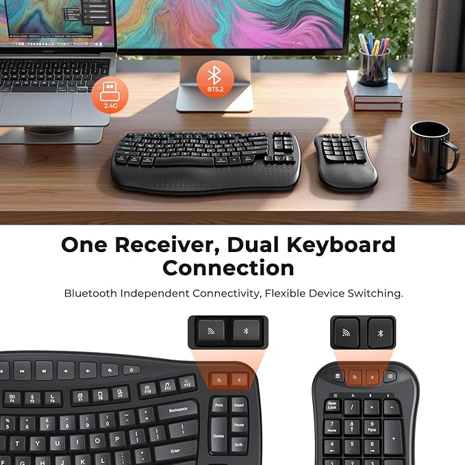 MEETION Ergonomic Keyboard with Separate Numeric Keypad, Wave Wireless Flexible 2-in-1 Setup for Multi-Device, 2.4G/Bluetooth Split Design with Wrist Rest for Accountants/Data Entry/Left-Handed