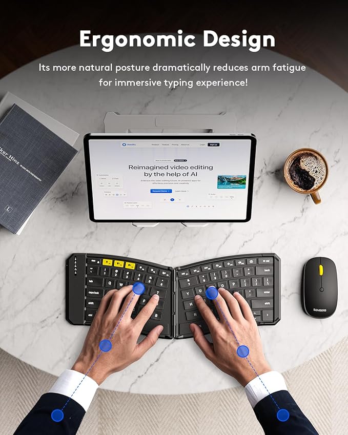 Ergonomic Foldable Keyboard and Mouse, Samsers KM09 Split Folding Bluetooth Keyboard Combo, 2.4G + BT5.0 x2, 6-Row Layout Portable Travel Keyboards & USB-C Wireless Mouse for iOS Android Windows MacOS