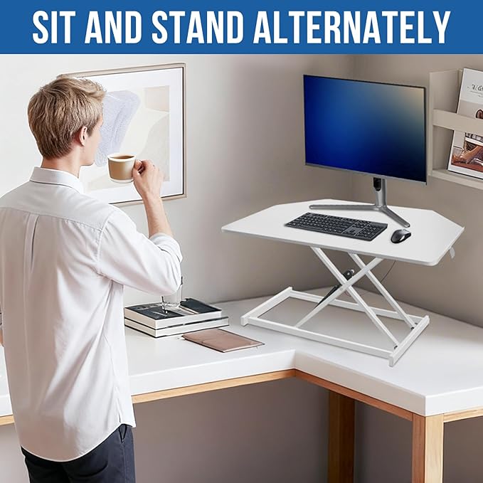 32 inch White Corner Standing Desk Converter, Assembled One-Click Sit to Stand up Desk Riser, for Dual Monitor and Laptop Height Adjustable Workstation