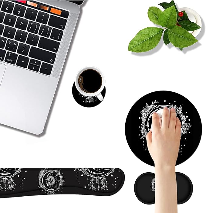 Keyboard Wrist Rest and Mouse Pad Wrist Rest Set with Coasters [4Pcs], Ergonomic Support, Non-Slip Rubber Base for Home OfficeEasy Typing & Pain Relief, Celestial Theme Sun with Crescent Moon