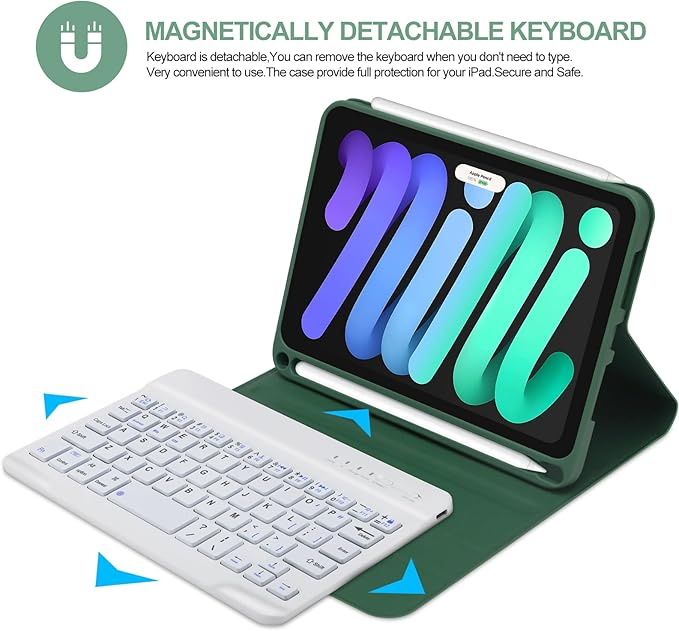BORIYUAN iPad mini 6 Keyboard Case 2021, Detachable Wireless Bluetooth Keyboard Slim Folio Smart Cover with Build-in Pencil Holder for iPad mini 6th Generation 8.3 inch – Dark Green