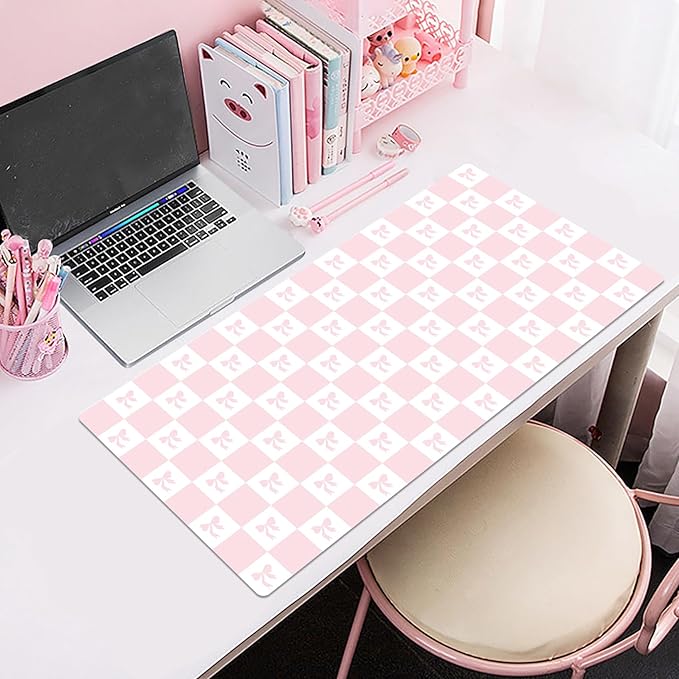 HVEST Pink Checkered Mouse Pad Cute Bow Desk Mat XXL Large Gaming Mouse Pad for Computer Keyboard Laptop, Mousepad with Stitched Edges, Home Office Desk Accessories for Girl Women 31.5'' x 15.7''