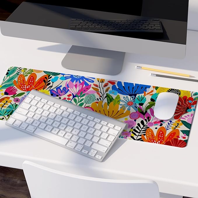 Boho Colorful Botanical Wildflower Mouse Pad,XL Large Floral Aesthetic Bright Maximalist Desk Mat,Folk Art Botanical Flower Mousepad for Home Office Dorm Desktop Decor,31.5x11.8 Inch