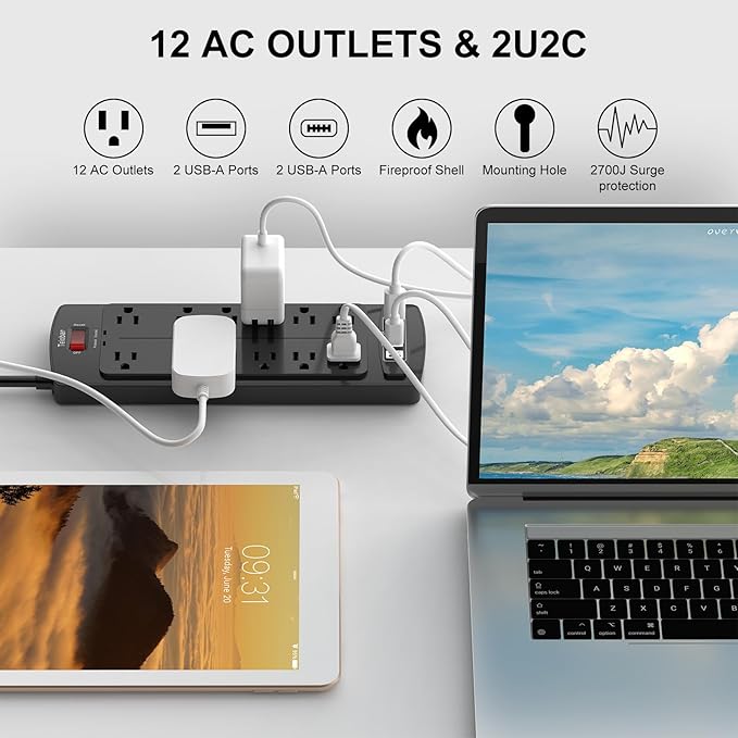 10 Ft Extension Cord Power Strip, Teiobar Surge Protector with 12 AC Outlets and 4 USB Ports for Home, Office, Dorm Essentials, 1875W/15A, 2700 Joules, ETL Listed, Black