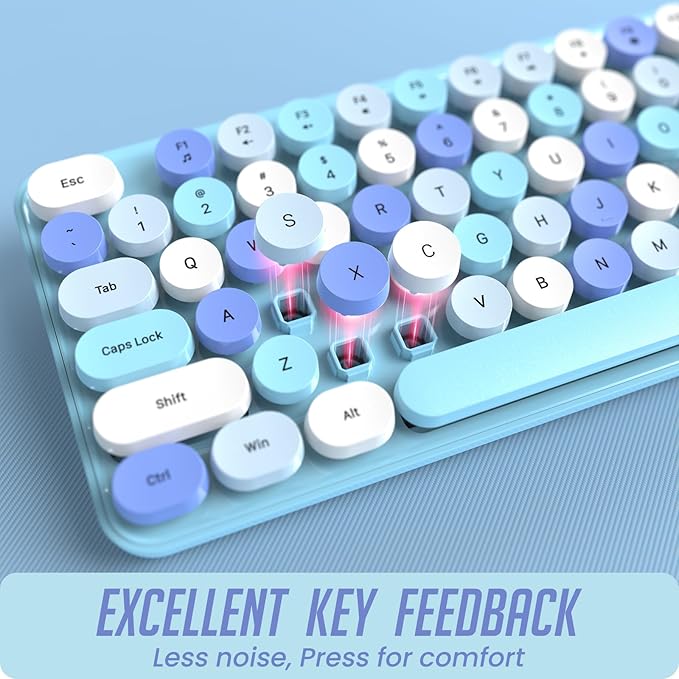 Wireless Keyboard and Mouse, Silent Keyboard Mouse Combo, Full-Sized Colorful Typewriter Keyboard with Round Keycaps, 2.4G Cute Mouse Compatible with PC/Laptop/Computer(Blue White)