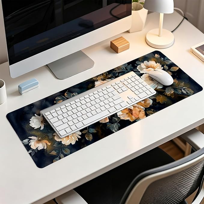 Dark Aesthetic Watercolor Floral Mouse Pad,XL Large Vintage Rose Desk Mat,Spring Summer Botanical Mouse Pad,Rustic Botanical Flower Desk Mat for Home Office Dorm Desktop Decor,31.5x11.8 Inch