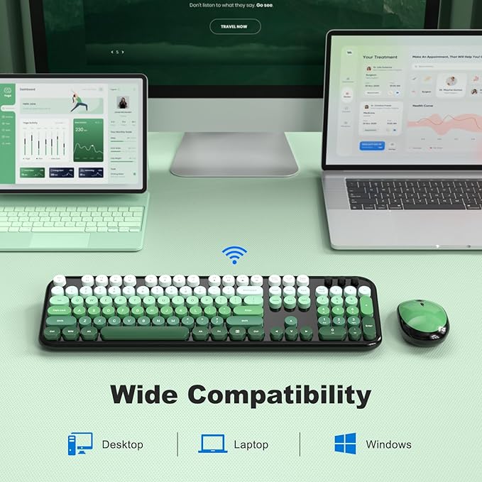 MOFII Wireless Keyboard and Mouse Combo, Cute Keyboard Full Size and Wireless Mouse, 2.4GHz Retro Typewriter Keyboard Mouse Set for PC/Desktop/Laptop/Windows (Black Green)