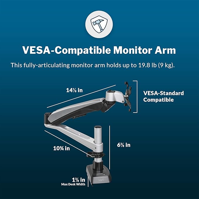Vari Single Monitor Arm - VESA Monitor Mount w/ 360 Degree Adjustment - Monitor up to 27 inches, 19.8 lbs - Single Monitor Mount with Full Adjustability - Computer Monitor Stand for Home or Office