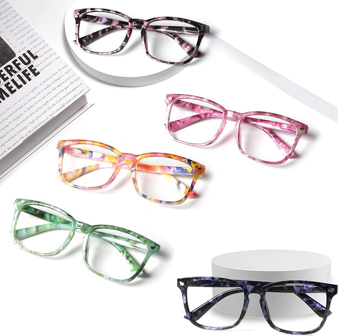Henotin 5-Pack Blue Light Blocking Reading Glasses Women Men,Spring Hinge Computer Readers,Anti UV Ray Square Nerd Eyeglasses (Mixed Color-D, 3.50)