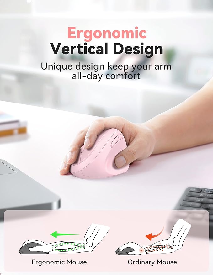 TECKNET Ergonomic Mouse, 4800 DPI Wireless Vertical Mouse, 5 Adjustable DPI Levels, 6 Buttons, 2.4G Silent Wireless Mouse for Laptop, PC, Light Pink