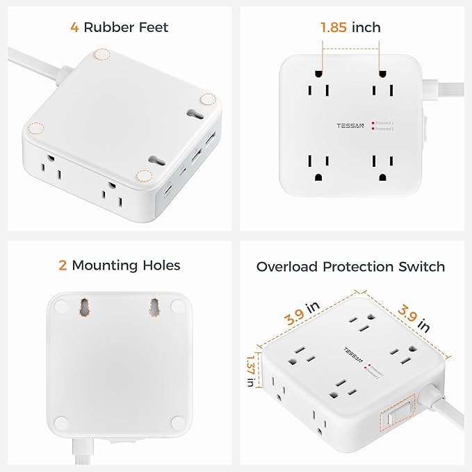 TESSAN Dual Surge Protector Power Strip, 5 Ft Extension Cord Flat Wall Plug with 4 USB (2 USB C) 8 Outlets, 2100J Surge Protection, 20W Multiple Charging Station for Home, Office, College, Dorm Room
