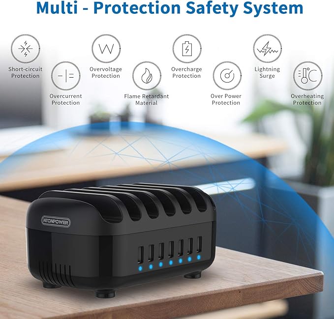 10 Ports Charging Station for Multiple Devices, 120W Charging Station Organizer, USB Charging Docking with Cooling Fan, for iPhone, for iPad, Tablet, Kindle, ETL Listed (2.4A Each, 24A in Total)