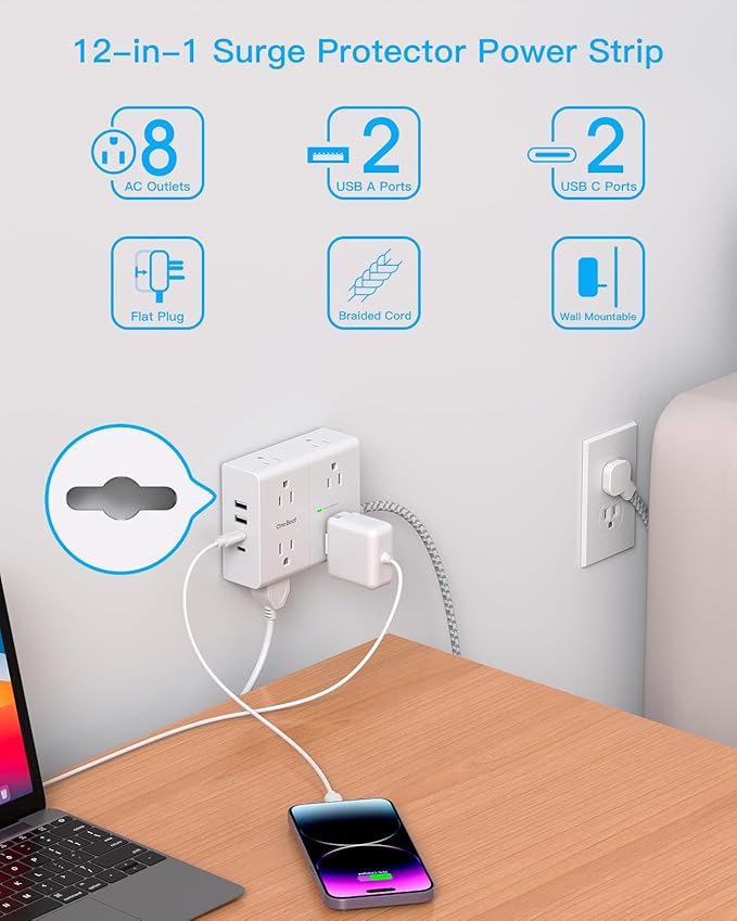 Surge Protector Power Strip 6 Ft Cord, Flat Extension Cord with 8 Outlets 4 USB Ports(2 USB C), 1080 J, Wall Plug Outlet Extender, Flat Plug Power Strip for Home Office Dorm Room Essentials