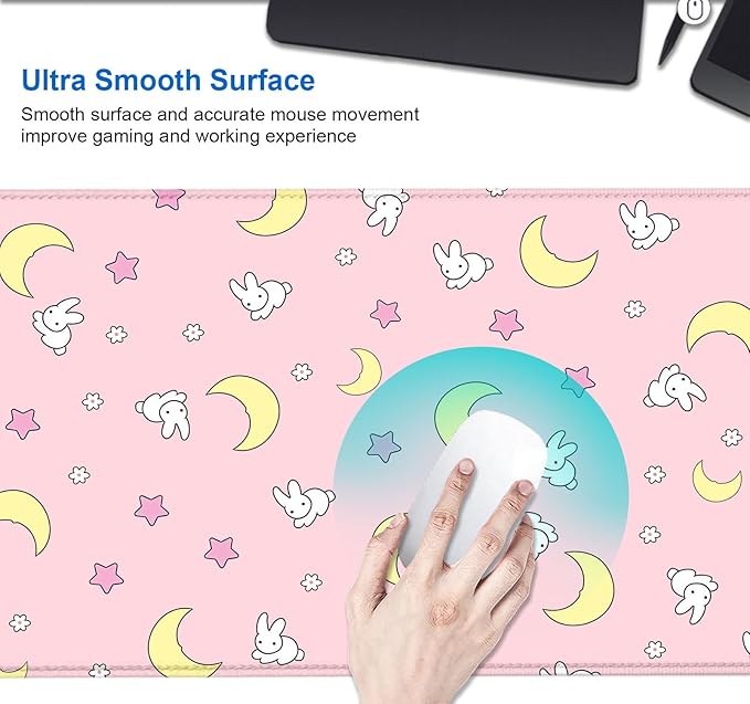 IMAYONDIA Pink Kawaii Desk Pad, Cute Moon Bunny Desk Mat Computer Pad Desktop,Laptop Protector Aesthetic Anime Mousepad Writing Pad for Office Home School,Large Gaming Mouse Pad Tarot Mat,31.5 X 11.8
