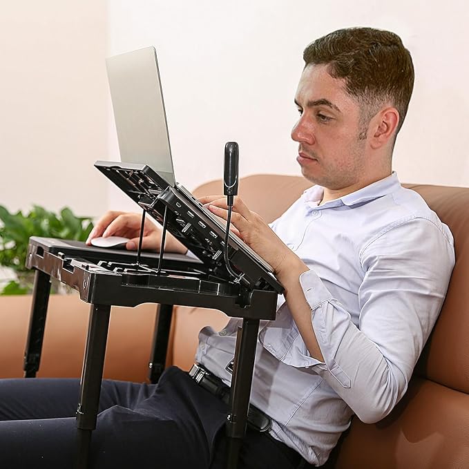 Foldable Laptop Table with Cooling Fan, LED Light, 4 x USB Ports, Mouse Pad & Storage Groove for Laptop Use in Home Office