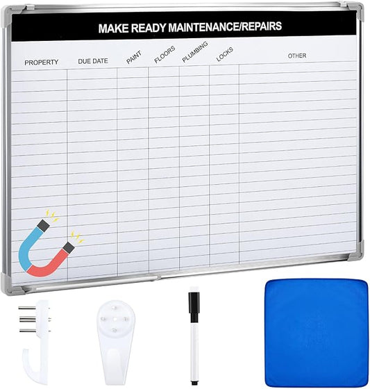 Lincia Property Management Make Ready White Board, Magnetic Maintenance Dry Erase Board with Lines, Sliding Marker Tray, Aluminum Frame Checklist Whiteboard for Apartment Maintenance Repair Tracking