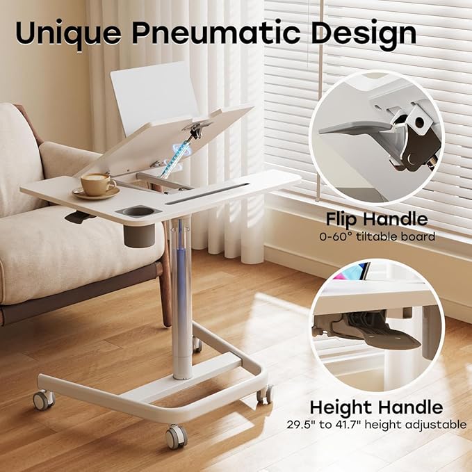JOY worker Mobile Standing Desk, Height Adjustable Table, 60° Tiltable Rolling Laptop Desk, Portable Sit Stand Desk with Wheels Cup Holder for Bed Couch School, Holds Up to 22lbs, White