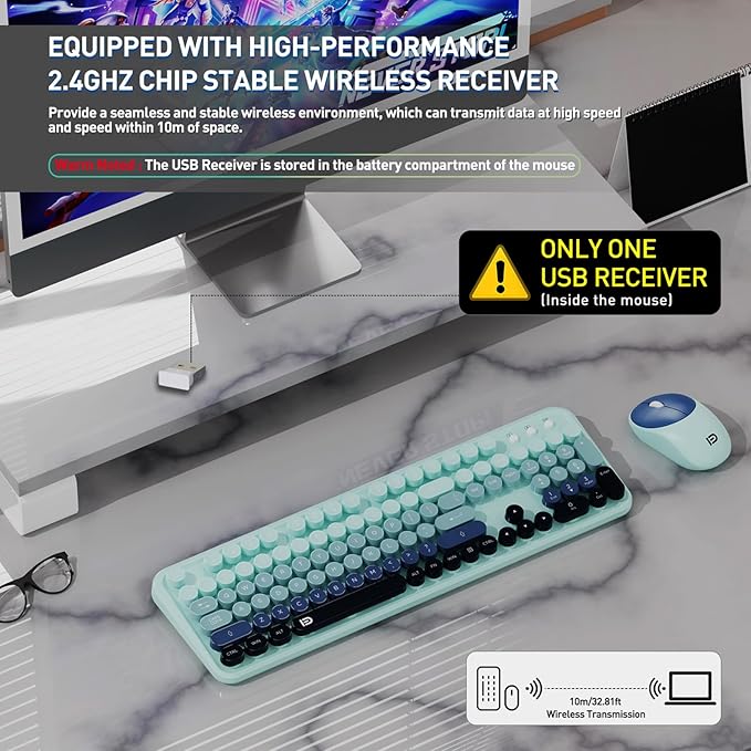Keyboard and Mouse Wireless,2.4Ghz Retro Typewriter Style Round Keycap,Full Size Colorful Wireless Keyboard Mouse Combo,Cute Cordless Keyboard Mouse Set for PC Laptop Desktop Computer-Teal