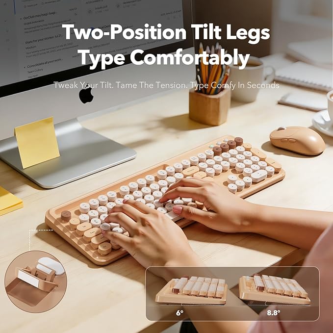 Wireless Keyboard and Mouse Combo with Retro Round Keycaps, Full-Size Cute Typewriter Keyboard with Large Phone/Tablet Holder, 2.4GHz Cordless for Mac, Windows PC, Laptop, Trueque CK13, Milk Tea Beige