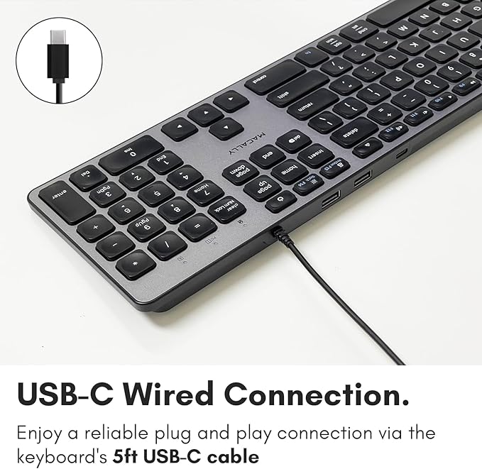 Macally Premium Wired USB C Keyboard with USB Ports - Connect Up to 3 Devices - (2X USB-A |1x USB-C Ports) - Wired Keyboard for Mac Mini/Pro, iMac, Macbook, iPad, and PC - Full Size Type-C Keyboard