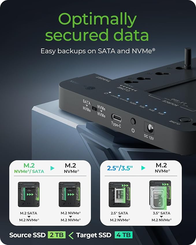 ICY BOX M.2 NVMe & SATA SSD/HDD Docking Station, USB-C 3.2 Gen 2 (10 Gbps) Hard Drive Clone Station & Reader for M.2 NVMe SSD + SATA 2.5”/3.5” SSD & HDD Converter, Offline Cloning, Tool-Free
