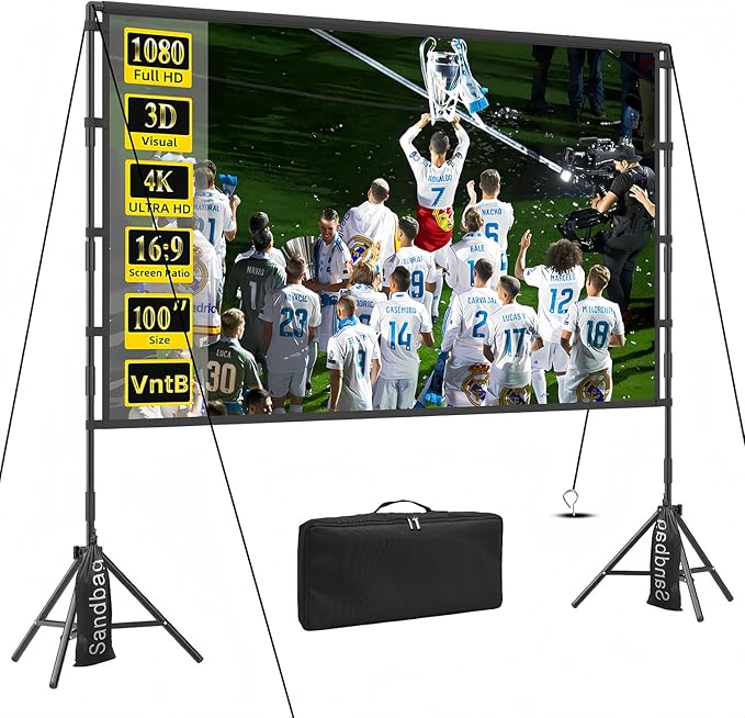 100 inch Projector sreen and Stand, Outdoor Indoor Projector Screen16:9 Foldable Portable Projector Screens for Movie Night Support Double Sided Projection