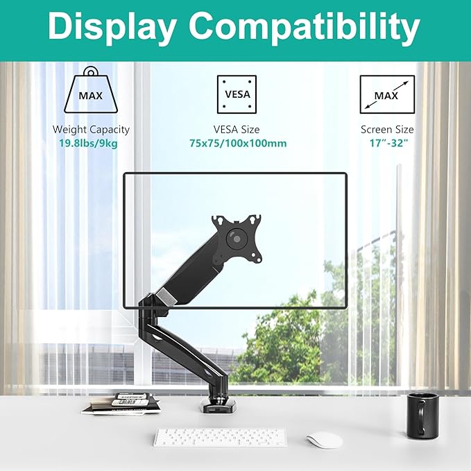 WALI Single Monitor Arm for 17-32 inch Screens, Adjustable Gas Spring Single Monitor Mount Holds 19.8lbs, Computer Monitor Stand for Desk, Clamp and Grommet Base, VESA 75/100mm (GSMP001), Matte Black