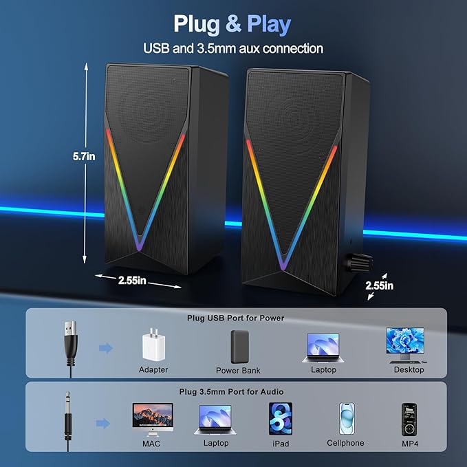 Computer Speakers, Desktop PC Speakers with 6 Colorful RGB Lights, Headphone Jack, Enhanced Bass and Volume Control, USB Powered & 3.5mm Aux Gaming Speakers for Laptop Monitor PC Tablet Phone