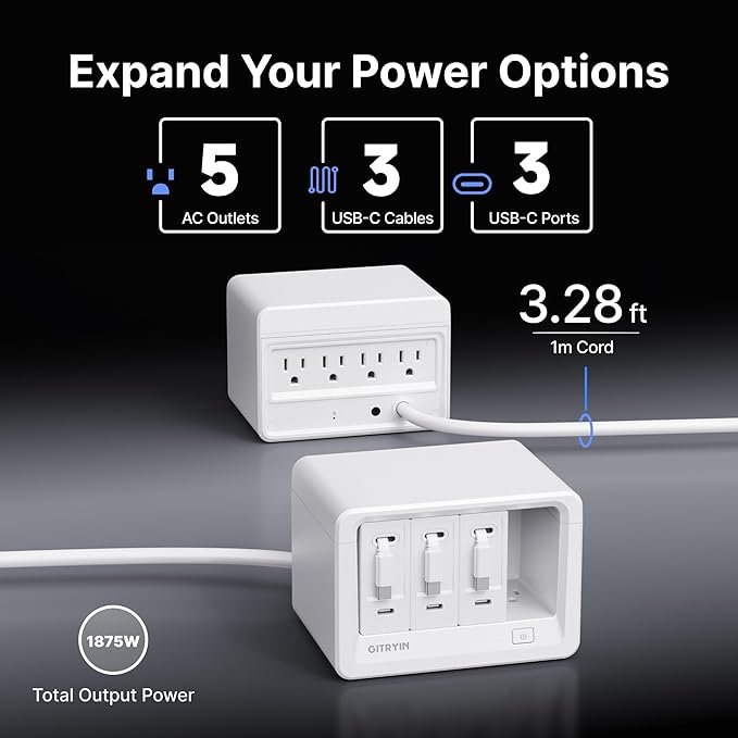 Gitryin 11-in-1 Desktop Charging Station with 3 Retractable Wall Chargers, 40W USB-C Power Strip with 5 AC, 3 USB C, 3 Type-C 33.5in Cables, Extension Cord with 1020J Surge Protection for Home Office